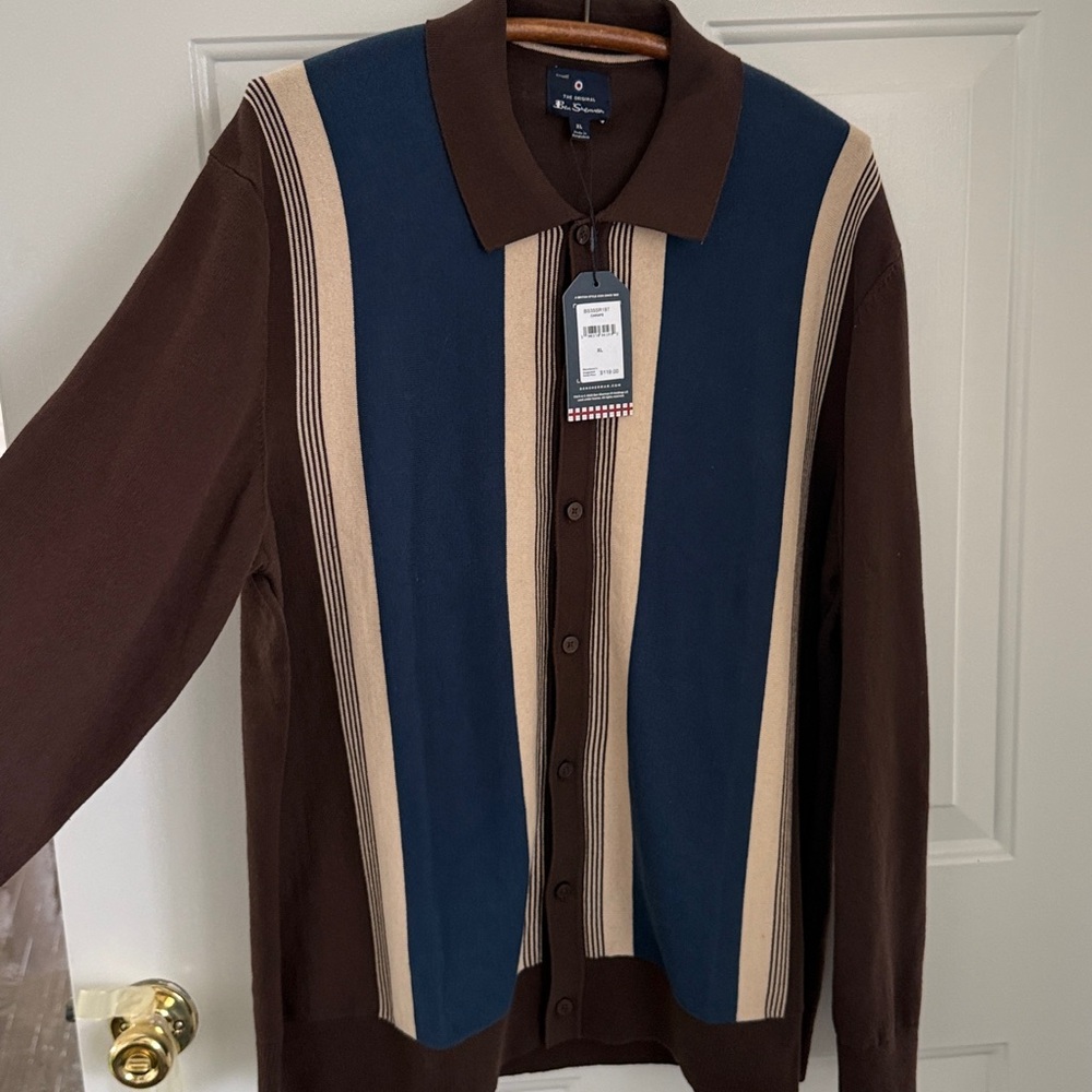 Ben Sherman Men's Retro Brown and Blue Striped Sweater - Size XL - Picture 8 of 13
